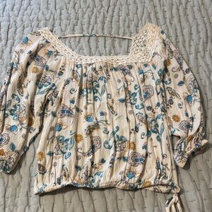Wild Moss Floral Print Women's Blouse - Cream and Blue
